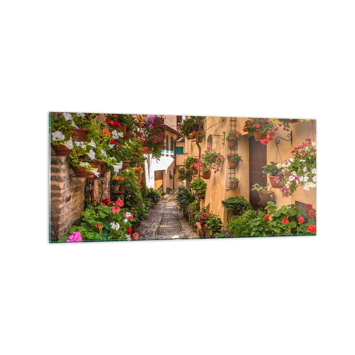 Cuadro sobre vidrio - Impresiones sobre Vidrio - Una calle encantadora llena de flores y macetas. - 120x50cm - Callejón italiano - Decoración de pared moderna para salón y dormitorio ARTTOR