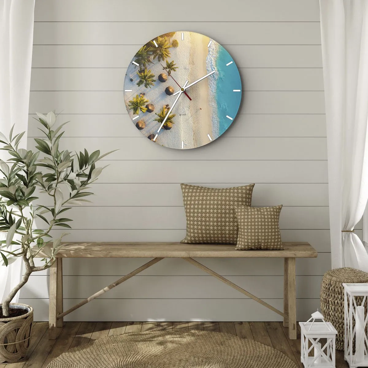 Reloj de pared - Reloj de vidrio - Vista superior de la playa con palmeras y mar turquesa. - 30x30cm - Bienvenidos al paraíso - Decoración de pared moderna para salón, cocina y dormitorio ARTTOR