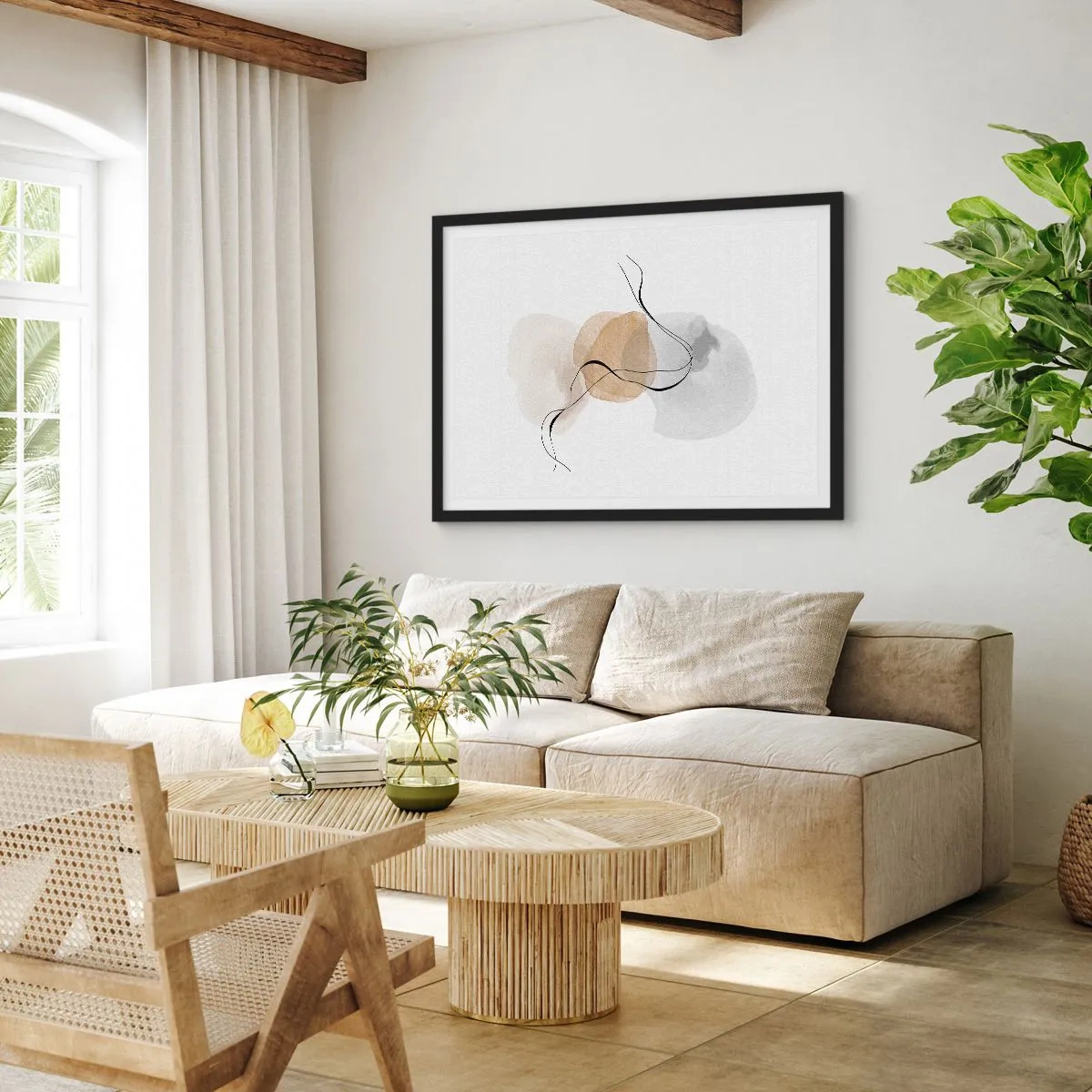 Póster en marco negro - Abstracción minimalista en tonos beige y gris. - 70x50cm - Pompas de aire - Decoración de pared moderna para salón y dormitorio ARTTOR