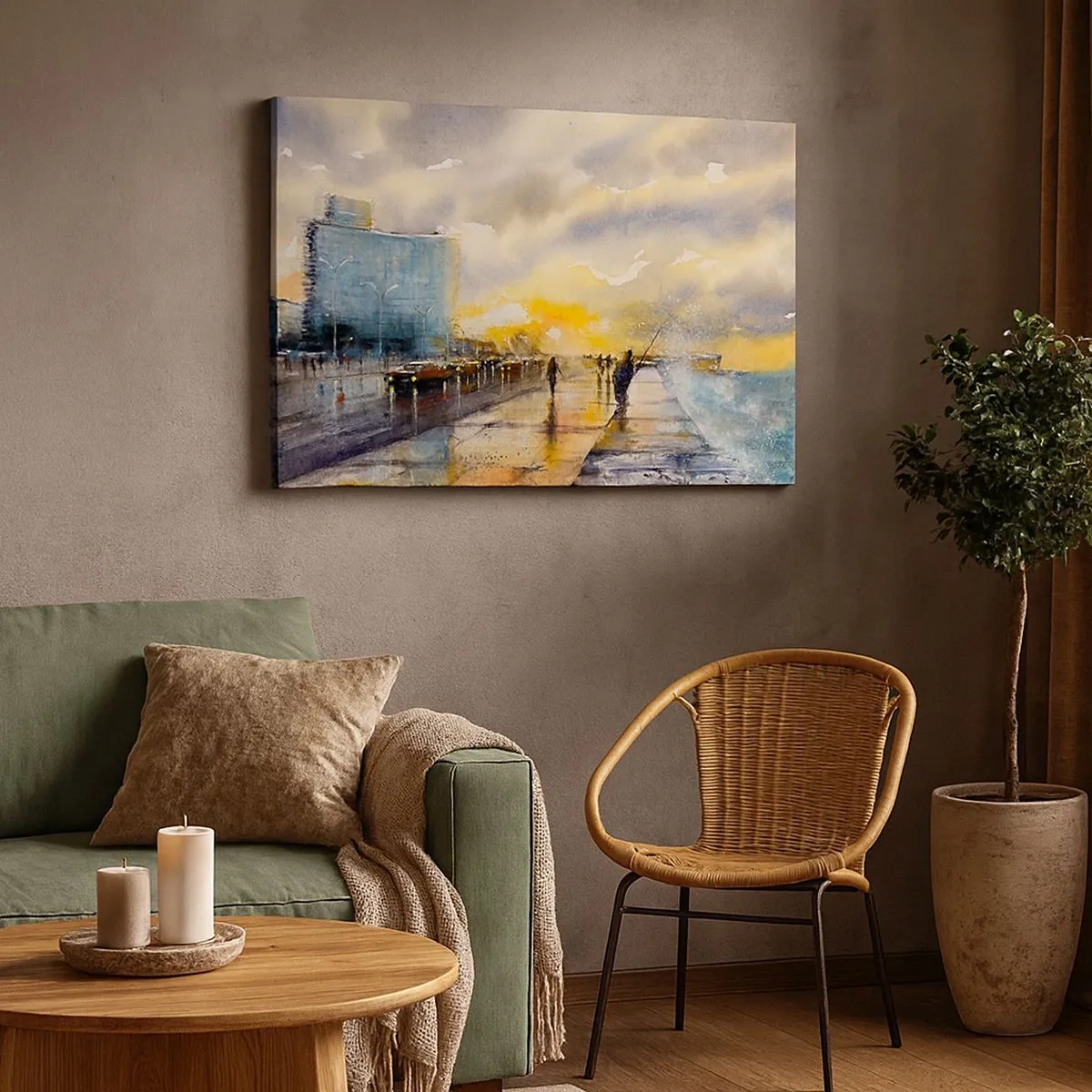 Cuadro sobre lienzo - Impresión de Imagen - Una vista pintoresca del paseo marítimo al atardecer. - 70x50cm - Vida en la orilla - Decoración de pared moderna para salón y dormitorio ARTTOR