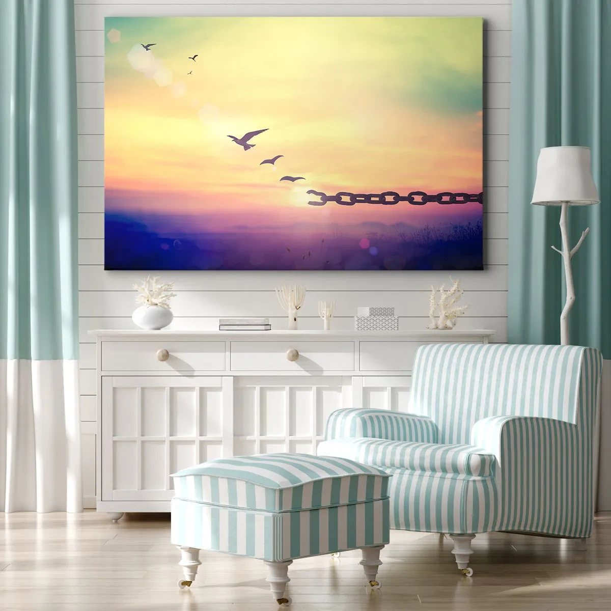 Cuadro sobre lienzo - Impresión de Imagen - Símbolo de libertad con pájaros y una cadena rota. - 70x50cm - Victoria de la libertad - Decoración de pared moderna para salón y dormitorio ARTTOR