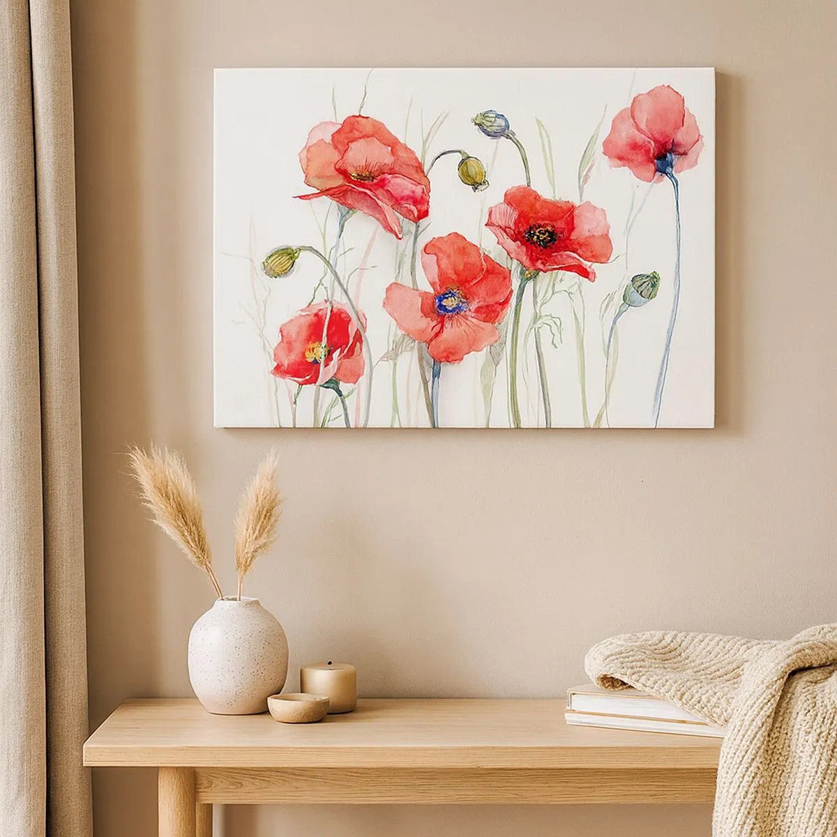 Cuadro sobre lienzo - Impresión de Imagen - Amapolas de acuarela sobre un fondo delicado - 70x50cm - Flores polacas - Decoración de pared moderna para salón y dormitorio ARTTOR