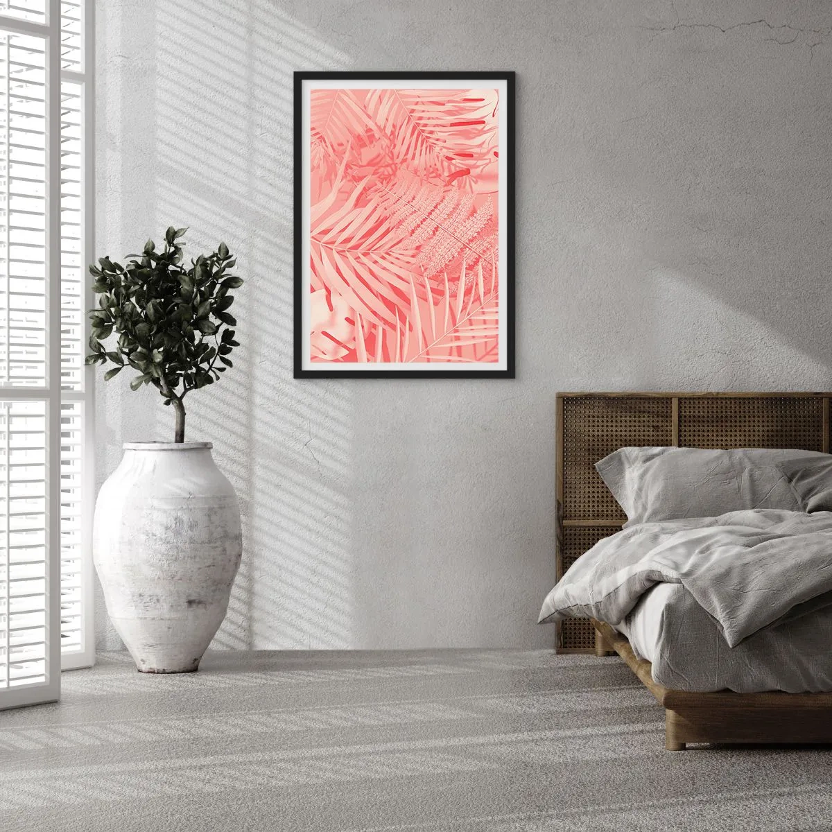 Póster en marco negro - Hojas de helecho y palma rosas sobre un fondo pastel - 50x70cm - Concepto rosa - Decoración de pared moderna para salón y dormitorio ARTTOR