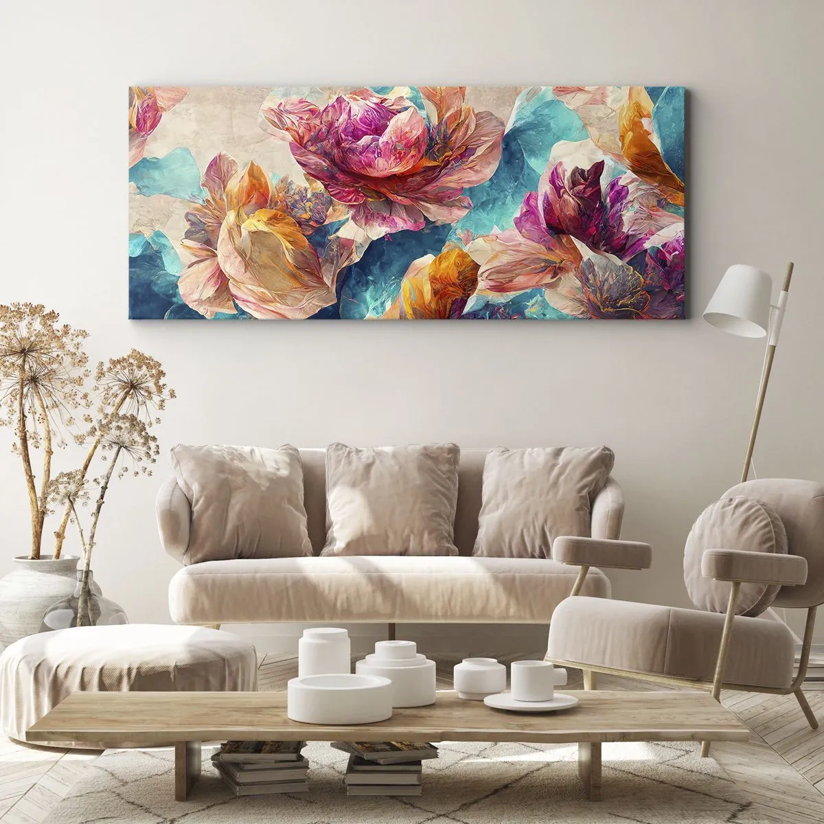 Cuadro sobre lienzo - Impresión de Imagen - Flores de colores sobre un fondo beige - 160x50cm - El colorido esplendor de un ramo - Decoración de pared moderna para salón y dormitorio ARTTOR