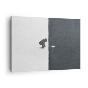 Cuadro sobre lienzo - Impresión de Imagen - Figura de un niño con un barquito de papel sobre un fondo de mitades contrastantes. - 70x50cm - Una gran expedición náutica - Decoración de pared moderna para salón y dormitorio ARTTOR