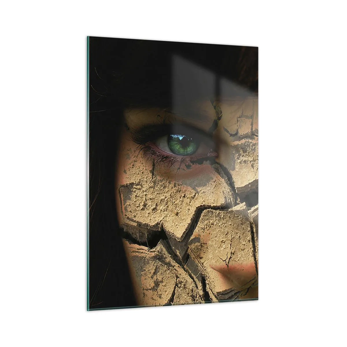Cuadro sobre vidrio - Impresiones sobre Vidrio - Un rostro de mujer con efecto tierra agrietada. - 50x70cm - Deleite y asombro - Decoración de pared moderna para salón y dormitorio ARTTOR