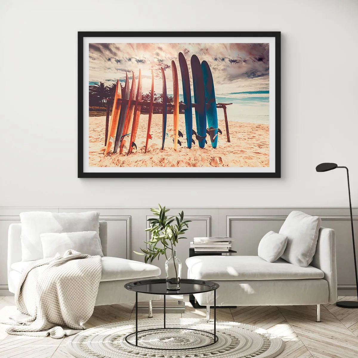 Póster en marco negro - Tablas de surf en la playa al atardecer - 70x50cm - Buenas noches, hasta mañana - Decoración de pared moderna para salón y dormitorio ARTTOR