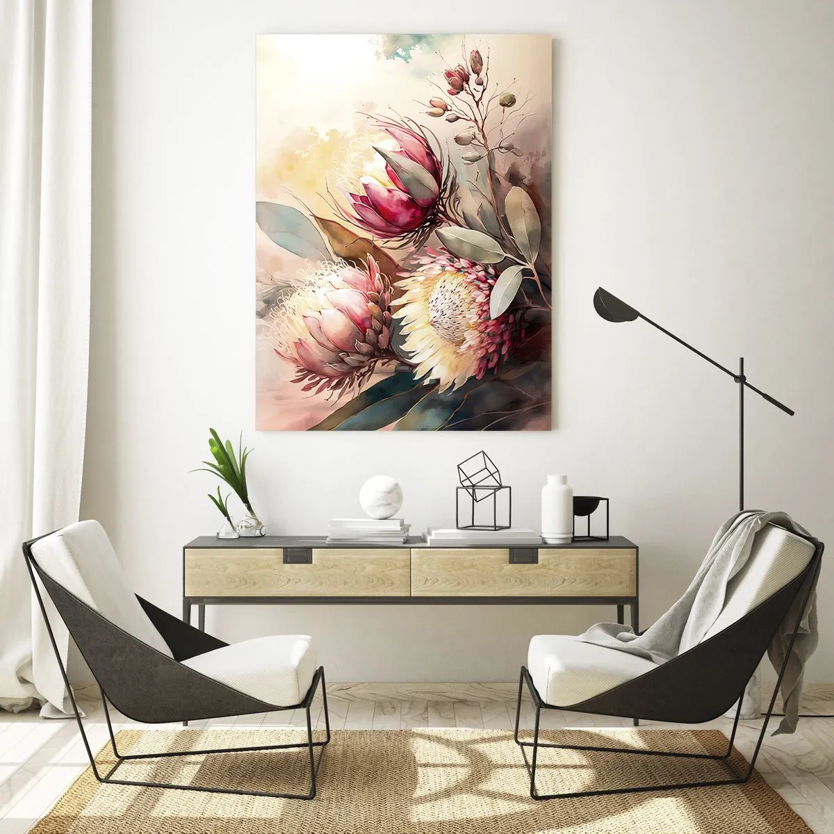 Cuadro sobre vidrio - Impresiones sobre Vidrio - Flores de protea en colores pastel sobre un fondo artístico. - 50x70cm - De perfil y de frente - Decoración de pared moderna para salón y dormitorio ARTTOR