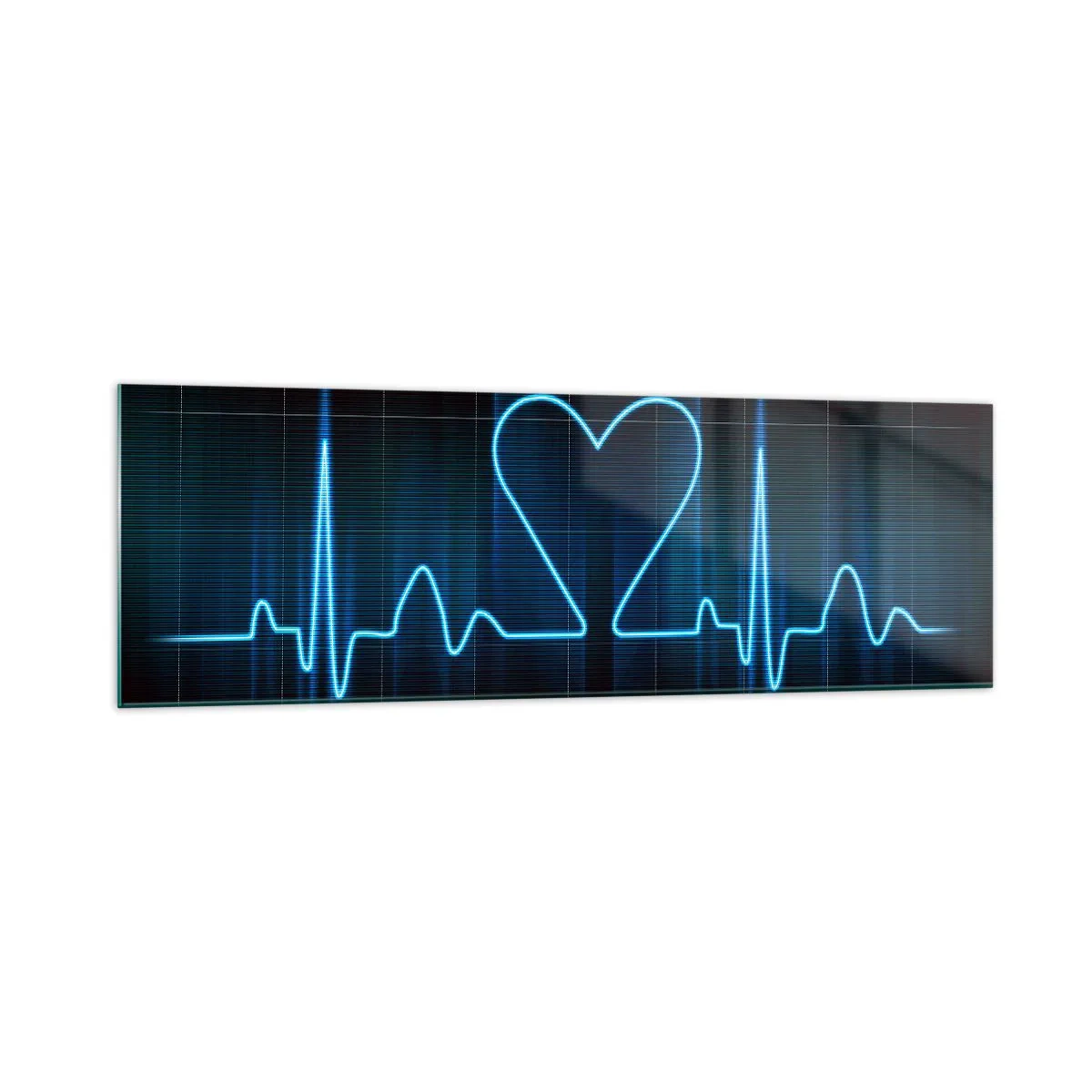 Cuadro sobre vidrio - Impresiones sobre Vidrio - Una línea salvavidas con un corazón sobre un fondo de monitoreo médico en tonos azules. - 160x50cm - El ritmo del corazón - Decoración de pared moderna para salón y dormitorio ARTTOR