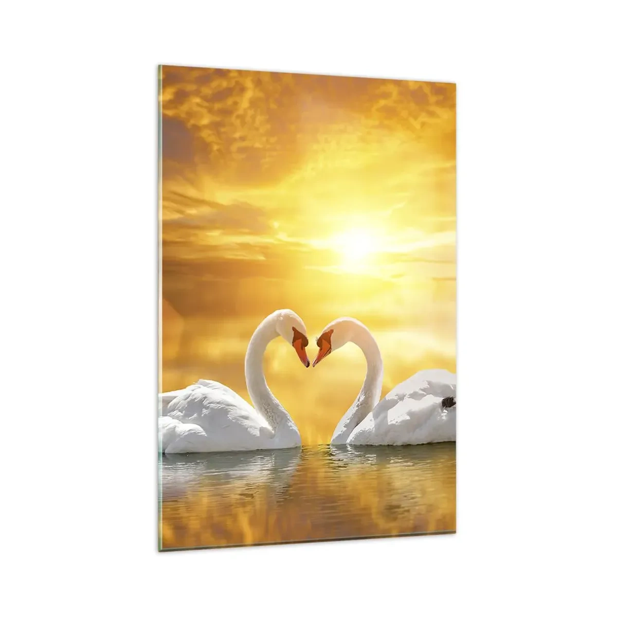 Cuadro sobre vidrio - Impresiones sobre Vidrio - Una escena romántica de dos cisnes formando un corazón con el telón de fondo de una puesta de sol dorada. - 80x120cm - Corazón es la palabra más bella del mundo... - Decoración de pared moderna para salón y