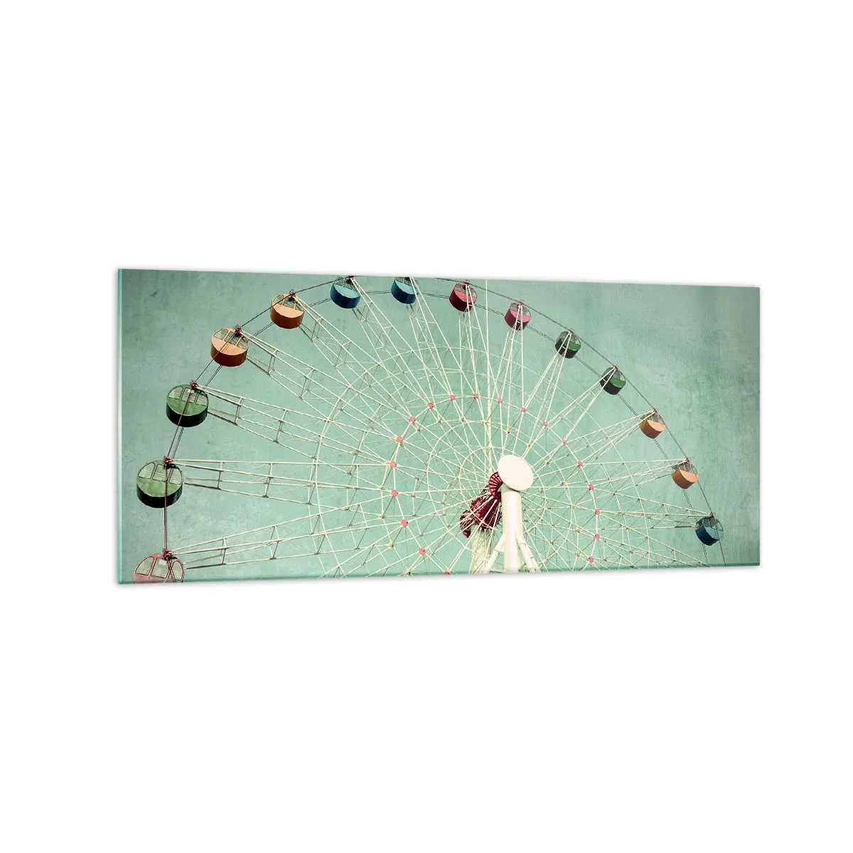 Cuadro sobre vidrio - Impresiones sobre Vidrio - Una noria colorida contra un cielo azul en estilo retro. - 120x50cm - Te invitamos a jugar - Decoración de pared moderna para salón y dormitorio ARTTOR