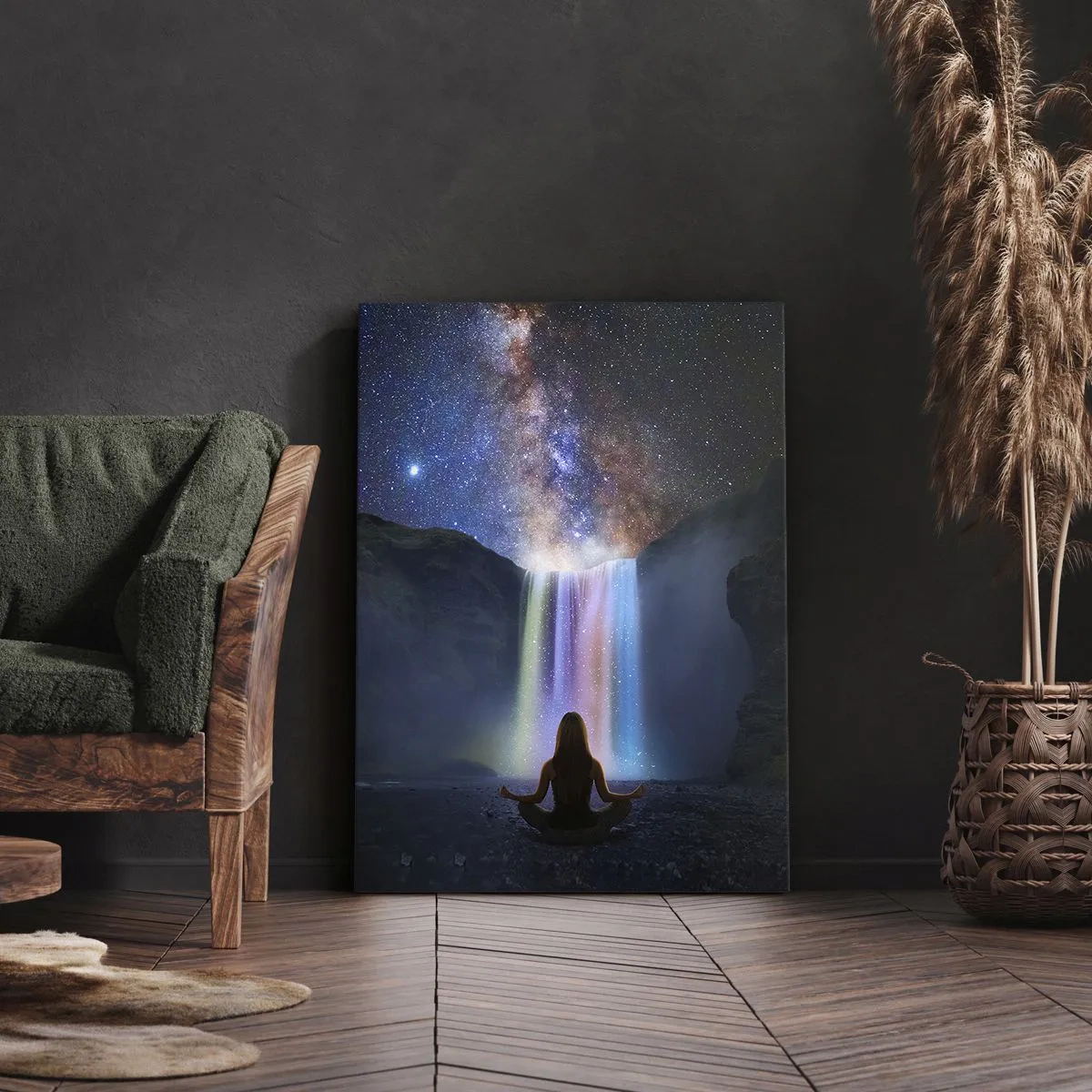 Cuadro sobre lienzo - Impresión de Imagen - Meditación frente a una cascada entre las estrellas. - 50x70cm - Armonía absoluta - Decoración de pared moderna para salón y dormitorio ARTTOR