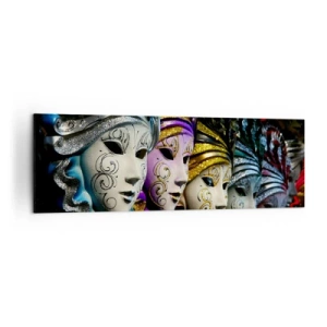 Cuadro sobre lienzo - Impresión de Imagen - Máscaras venecianas en varios colores con patrones decorativos. - 160x50cm - Misterio en oro y plata - Decoración de pared moderna para salón y dormitorio ARTTOR