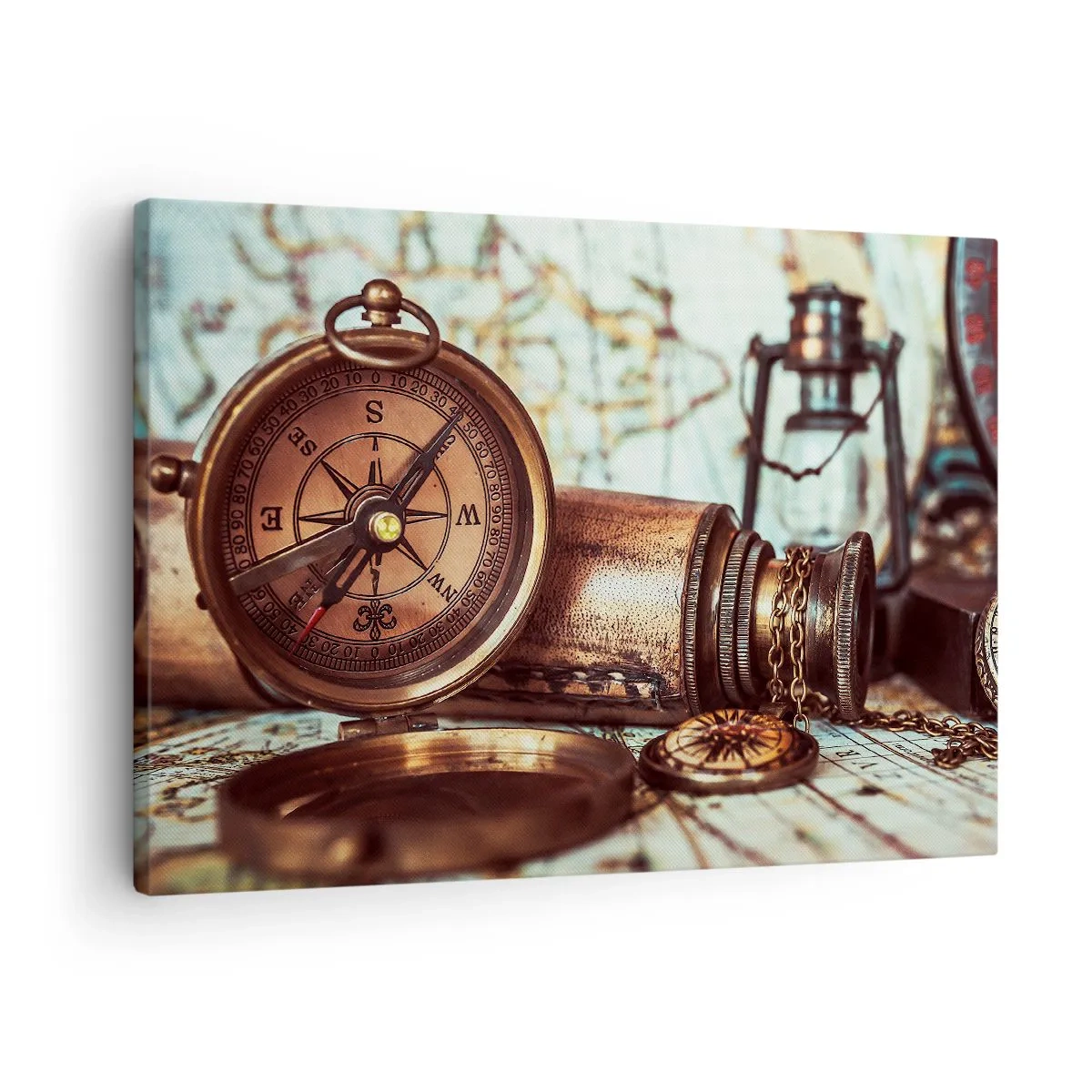 Cuadro sobre lienzo - Impresión de Imagen - Un conjunto retro con brújula, telescopio y mapa con temática de viajes. - 70x50cm - Te espera una aventura pirata en el Caribe - Decoración de pared moderna para salón y dormitorio ARTTOR