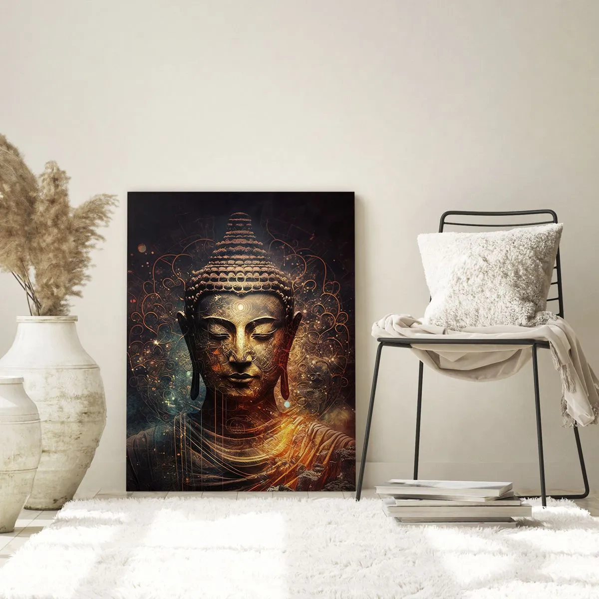 Cuadro sobre vidrio - Impresiones sobre Vidrio - Una figura dorada de Buda sobre un fondo oscuro con adornos. - 50x70cm - Equilibrio espiritual - Decoración de pared moderna para salón y dormitorio ARTTOR