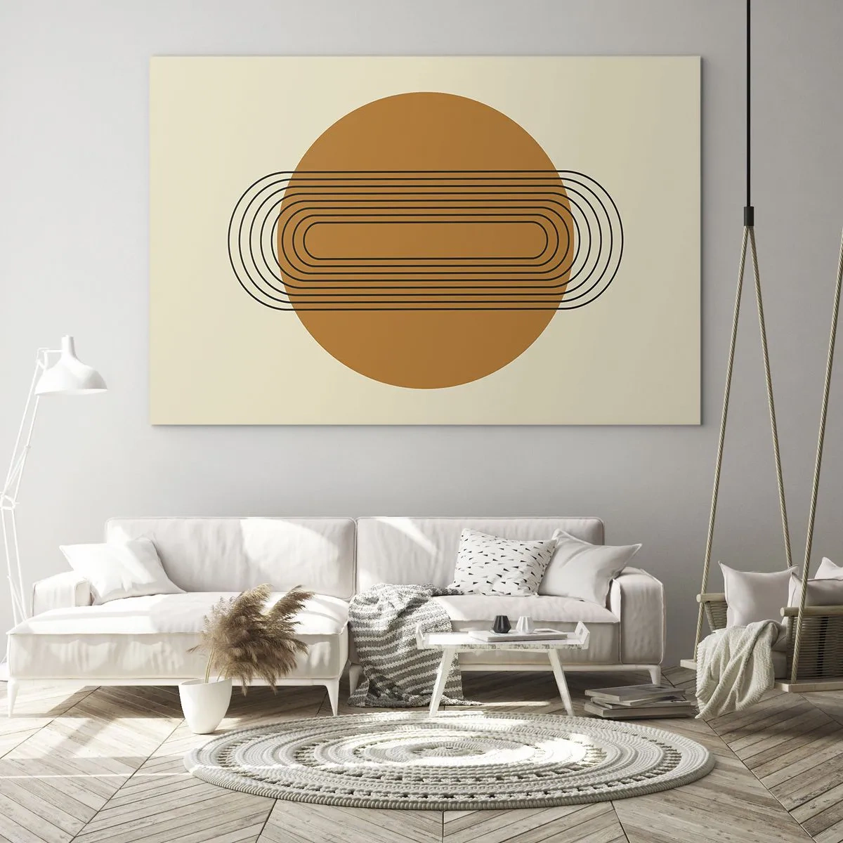 Cuadro sobre vidrio - Impresiones sobre Vidrio - Abstracción geométrica con círculos y líneas. - 70x50cm - El plan perfecto - Decoración de pared moderna para salón y dormitorio ARTTOR