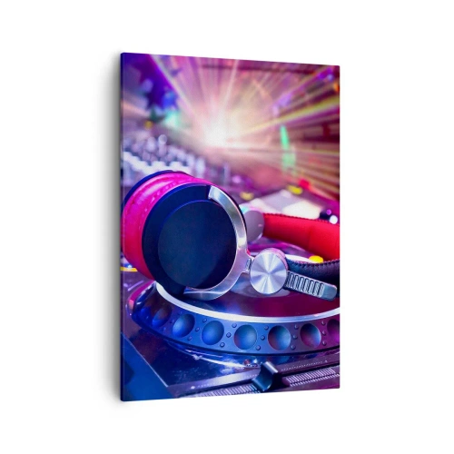 Cuadro sobre lienzo - Impresión de Imagen - Auriculares de DJ en una consola iluminada por focos en una fiesta - 50x70cm - Empieza la fiesta - Decoración de pared moderna para salón y dormitorio ARTTOR