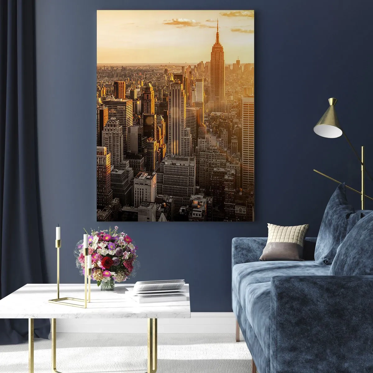 Cuadro sobre vidrio - Impresiones sobre Vidrio - El horizonte de la ciudad de Nueva York al atardecer con vistas al Empire State Building - 70x100cm - Creciendo al sol - Decoración de pared moderna para salón y dormitorio ARTTOR