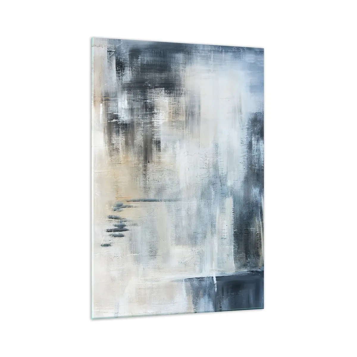 Cuadro sobre vidrio - Impresiones sobre Vidrio - Composición abstracta en tonos azules y grises. - 70x100cm - Detrás de un velo azul - Decoración de pared moderna para salón y dormitorio ARTTOR