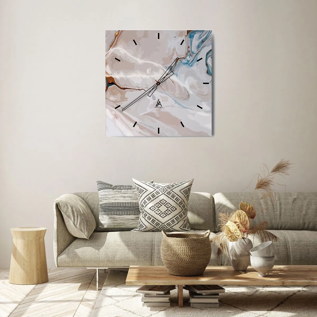 Reloj de pared - Reloj de vidrio - Patrón abstracto en tonos de blanco y azul. - 30x30cm - El azul serpentea por el blanco - Decoración de pared moderna para salón y dormitorio ARTTOR