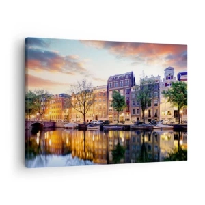Cuadro sobre lienzo - Impresión de Imagen - Canal con reflejo de casas de vecindad a la luz del atardecer - 70x50cm - La belleza holandesa, sobria y tranquila - Decoración de pared moderna para salón y dormitorio ARTTOR