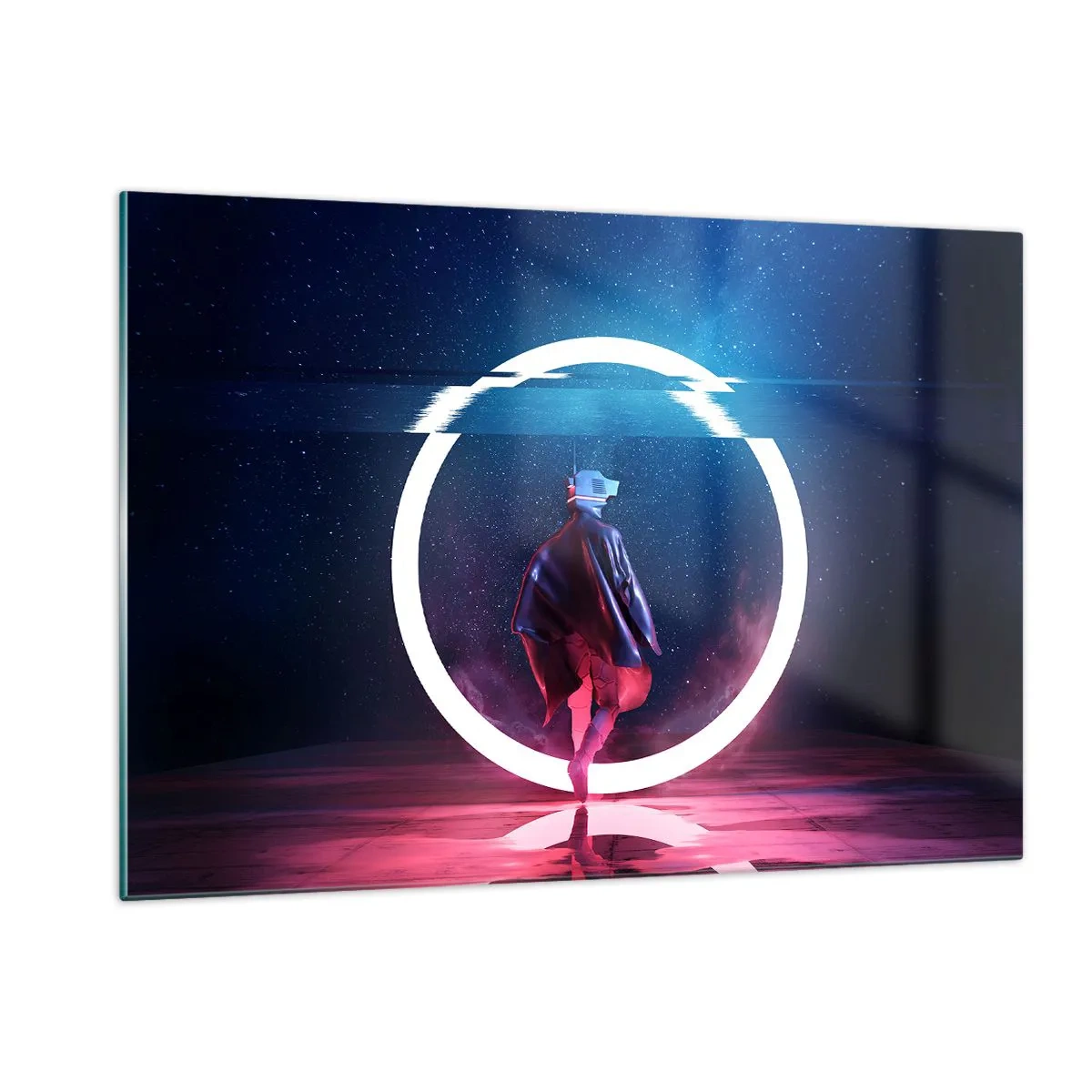 Cuadro sobre vidrio - Impresiones sobre Vidrio - Una figura en un entorno futurista con un anillo de neón. - 120x80cm - Entre mundos - Decoración de pared moderna para salón y dormitorio ARTTOR