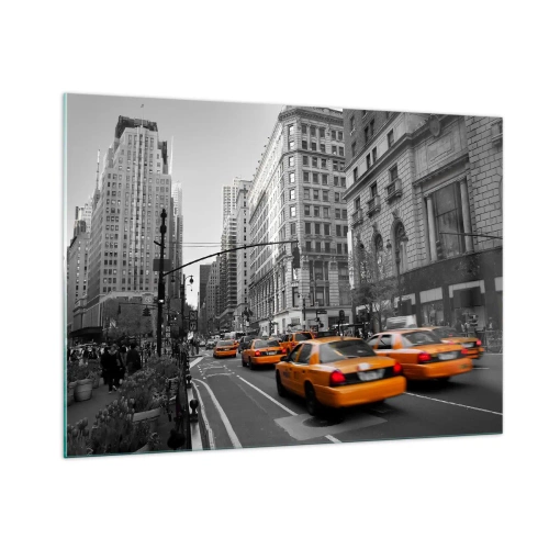 Cuadro sobre vidrio - Impresiones sobre Vidrio - Taxis amarillos en las calles de la ciudad en un entorno en blanco y negro - 100x70cm - Los soles de la gran ciudad - Decoración de pared moderna para salón y dormitorio ARTTOR