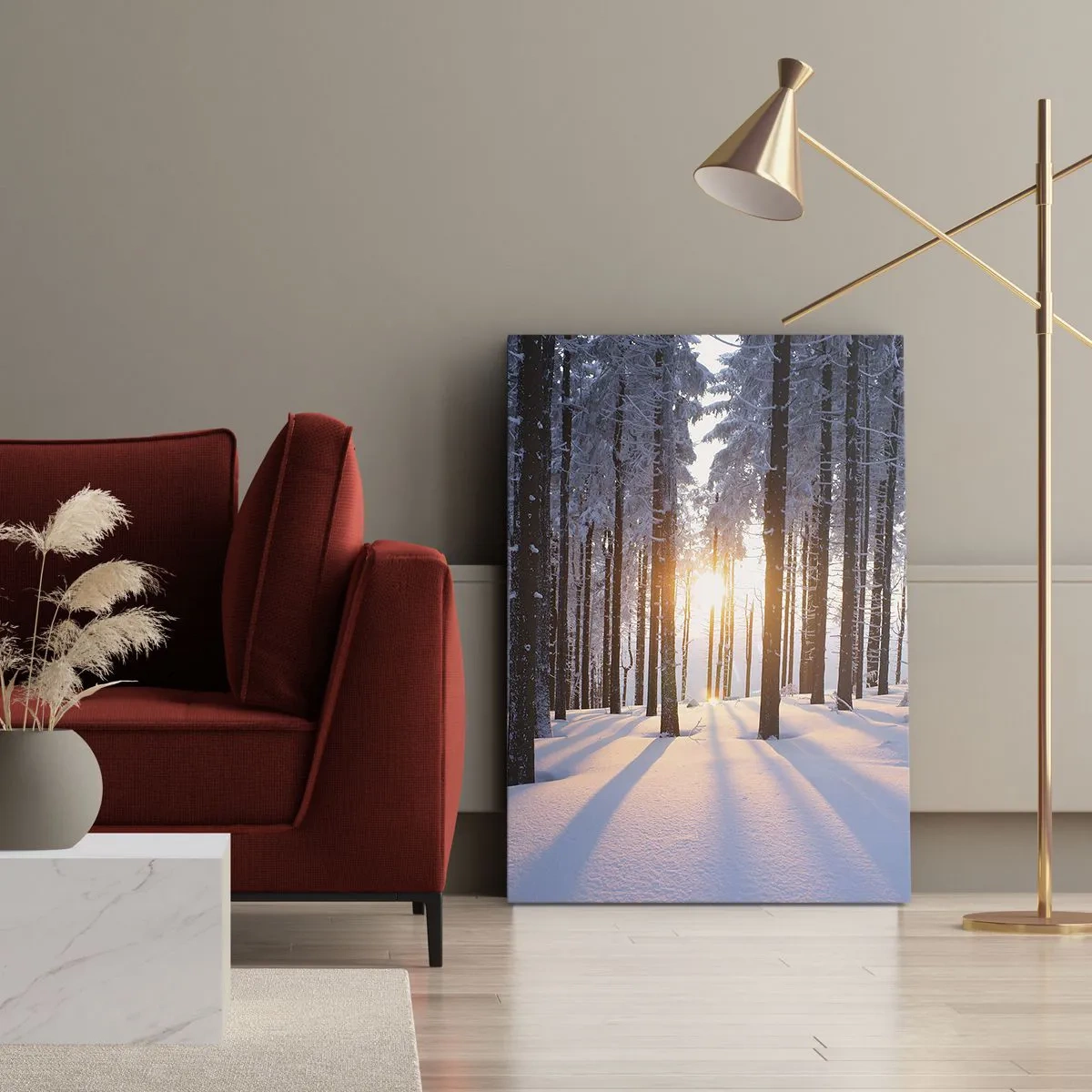 Cuadro sobre lienzo - Impresión de Imagen - Bosque invernal iluminado por los rayos del sol. - 50x70cm - Claramente en blanco y negro - Decoración de pared moderna para salón y dormitorio ARTTOR