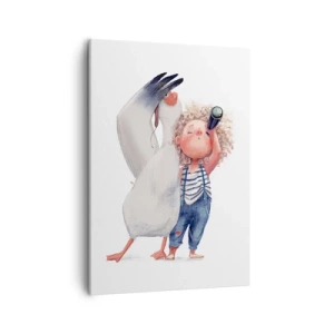 Cuadro sobre lienzo - Impresión de Imagen - Ilustración de un niño con un pelícano y un telescopio en la mano. - 50x70cm - Un plan para un gran viaje - Decoración de pared moderna para salón y dormitorio ARTTOR