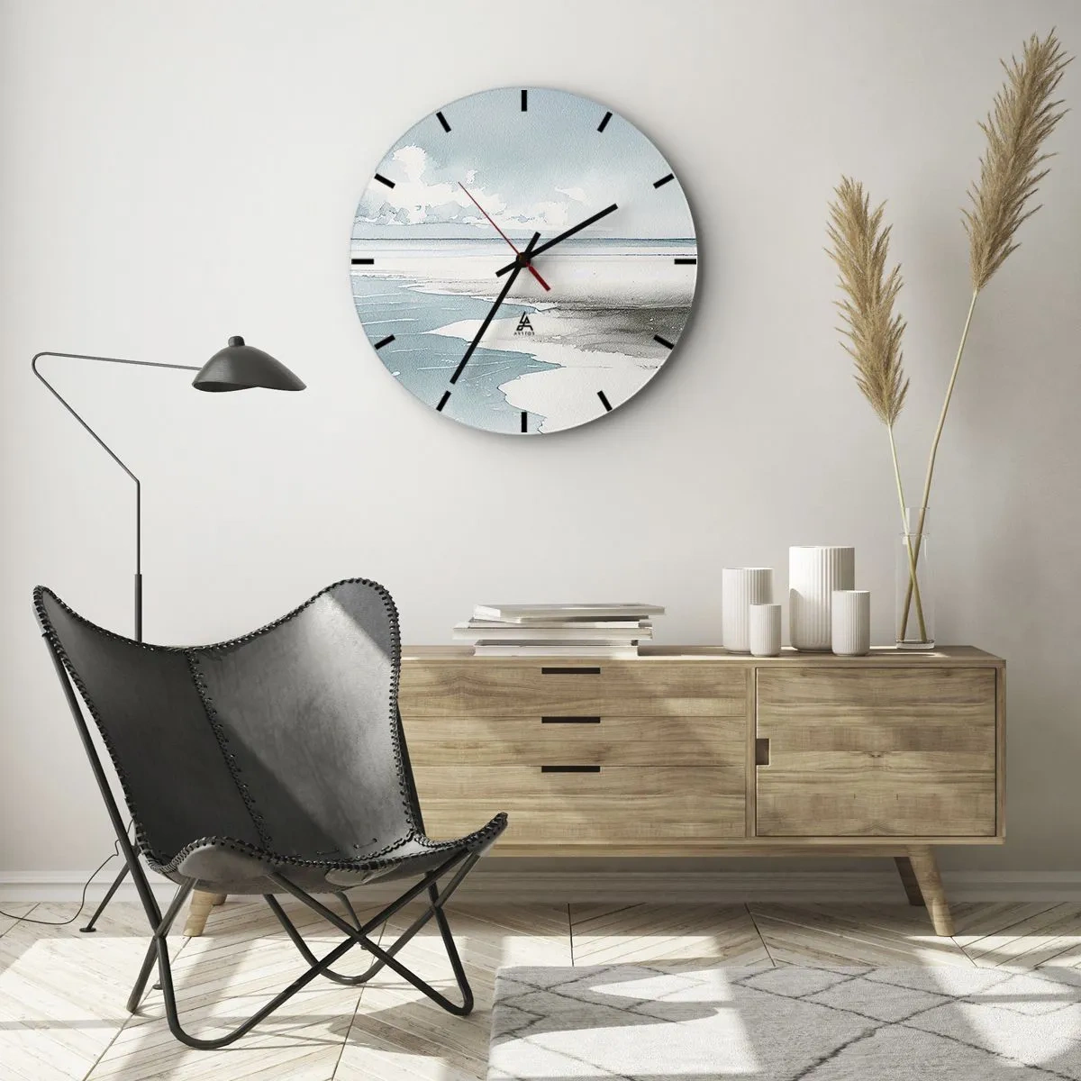 Reloj de pared - Reloj de vidrio - Una amplia playa y mar en una tranquila pintura de acuarela en tonos pastel. - 30x30cm - Suave marea otoñal - Decoración de pared moderna para salón, cocina y dormitorio ARTTOR