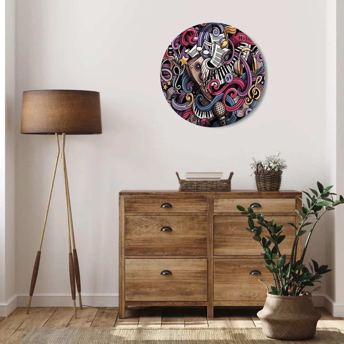 Reloj de pared - Reloj de vidrio - Composición abstracta de motivos musicales e instrumentos. - 30x30cm - Una melodía complicada - Decoración de pared moderna para salón, cocina y dormitorio ARTTOR