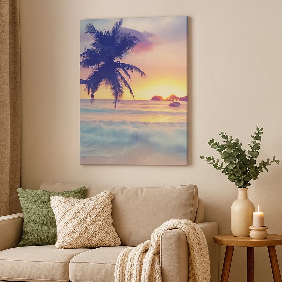 Cuadro sobre lienzo - Impresión de Imagen - Playa con palmera y puesta de sol sobre el océano. - 50x70cm - Atardecer en la bahía - Decoración de pared moderna para salón y dormitorio ARTTOR