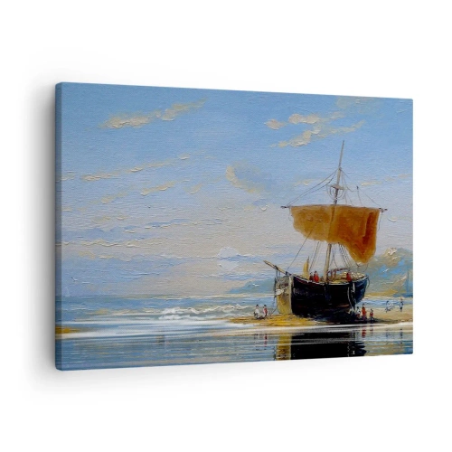 Cuadro sobre lienzo - Impresión de Imagen - Un barco en la orilla del mar en un día soleado. - 70x50cm - Agua, tierra, aire - Decoración de pared moderna para salón y dormitorio ARTTOR