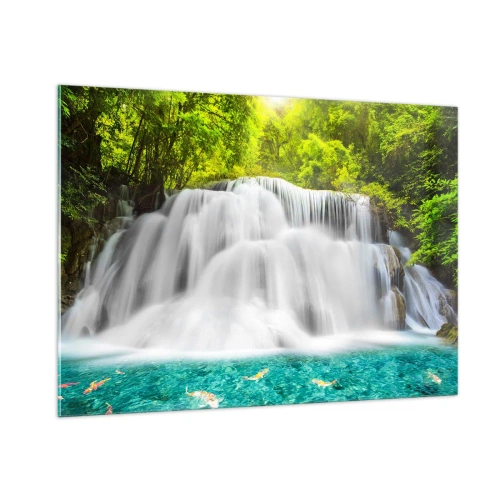 Cuadro sobre vidrio - Impresiones sobre Vidrio - Una cascada rodeada de vegetación con agua cristalina. - 100x70cm - Cascada espumosa, de verde a azul - Decoración de pared moderna para salón y dormitorio ARTTOR