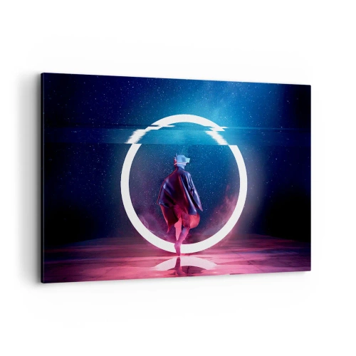 Cuadro sobre lienzo - Impresión de Imagen - Un personaje en un entorno futurista con un círculo de neón. - 120x80cm - Entre mundos - Decoración de pared moderna para salón y dormitorio ARTTOR