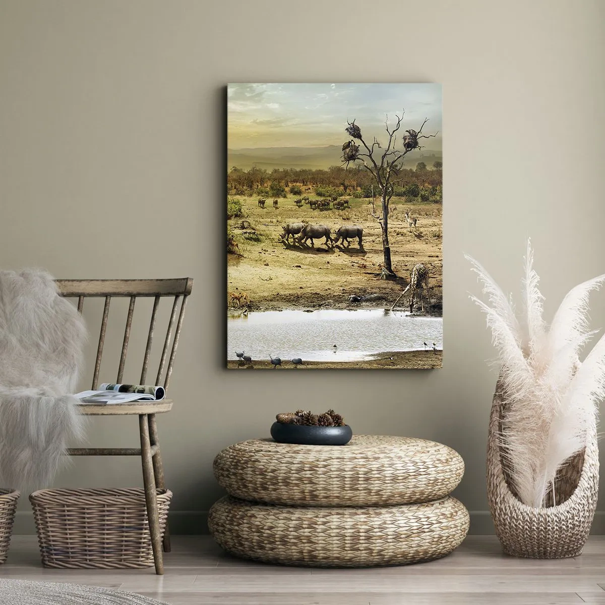 Cuadro sobre lienzo - Impresión de Imagen - Elefantes y animales salvajes en un abrevadero al atardecer - 70x100cm - Y del Edén fluyó un río... - Decoración de pared moderna para salón y dormitorio ARTTOR