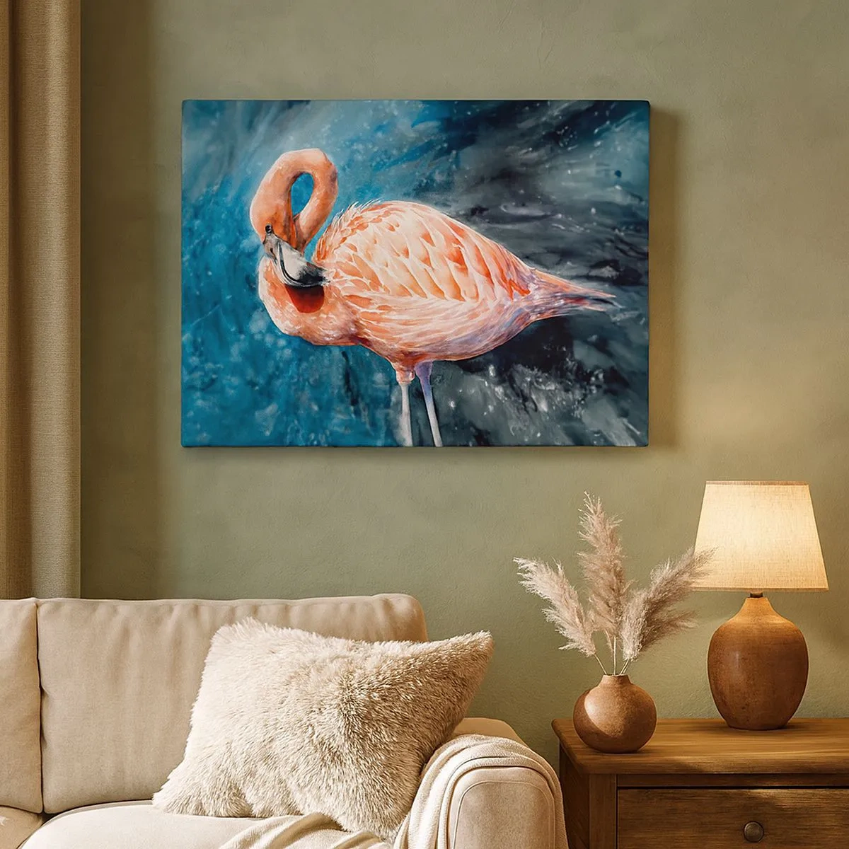 Cuadro sobre lienzo - Impresión de Imagen - Un flamenco rosa sobre un fondo azul de acuarela. - 70x50cm - Decorativo por naturaleza - Decoración de pared moderna para salón y dormitorio ARTTOR