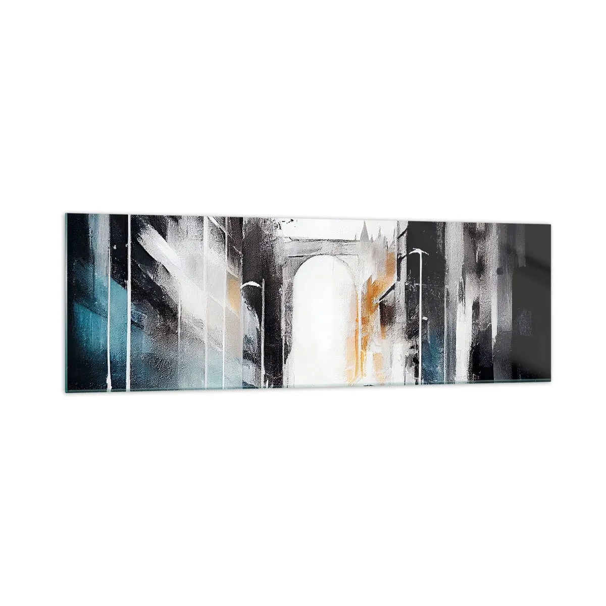 Cuadro sobre vidrio - Impresiones sobre Vidrio - Panorama abstracto de la ciudad con un puente arqueado - 160x50cm - Estudio de la ciudad: arquitectura y movimiento - Decoración de pared moderna para salón y dormitorio ARTTOR