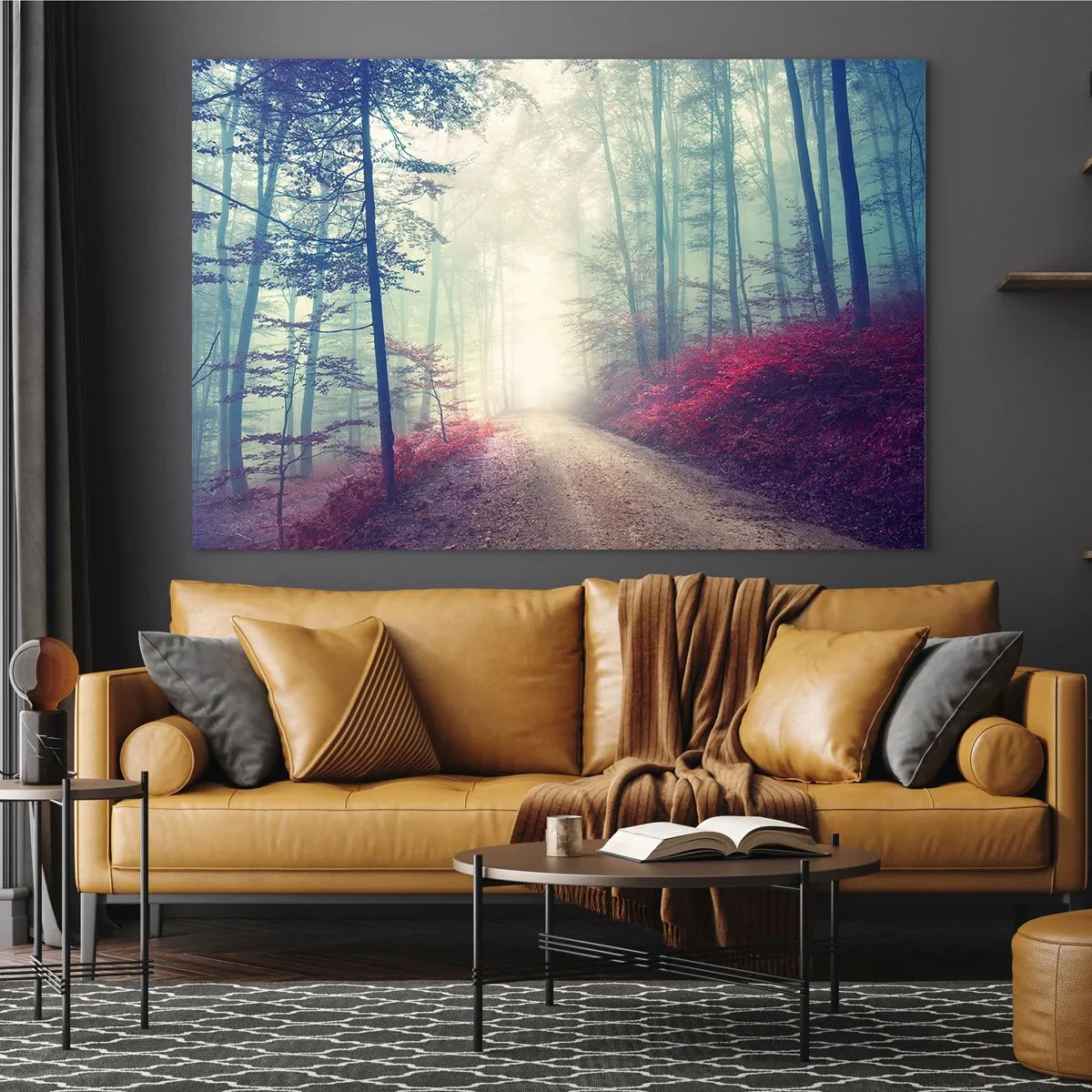 Cuadro sobre vidrio - Impresiones sobre Vidrio - Camino forestal en la niebla con acentos rojos - 120x80cm - Qué bueno es levantarse al amanecer - Decoración de pared moderna para salón y dormitorio ARTTOR