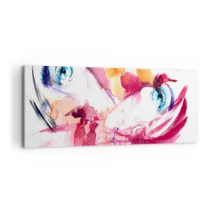 Cuadro sobre lienzo - Impresión de Imagen - Un rostro abstracto con ojos expresivos y acentos rojos. - 120x50cm - En la cercanía el mundo florece - Decoración de pared moderna para salón y dormitorio ARTTOR