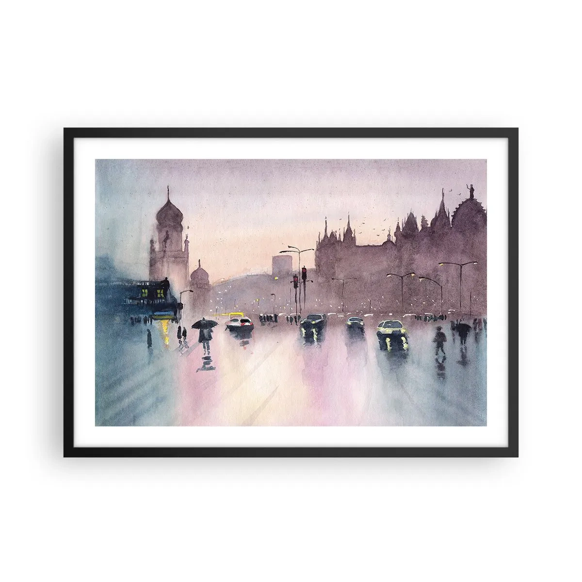 Póster en marco negro - Una calle de la ciudad al anochecer en estilo acuarela. - 70x50cm - En una niebla lluviosa - Decoración de pared moderna para salón y dormitorio ARTTOR