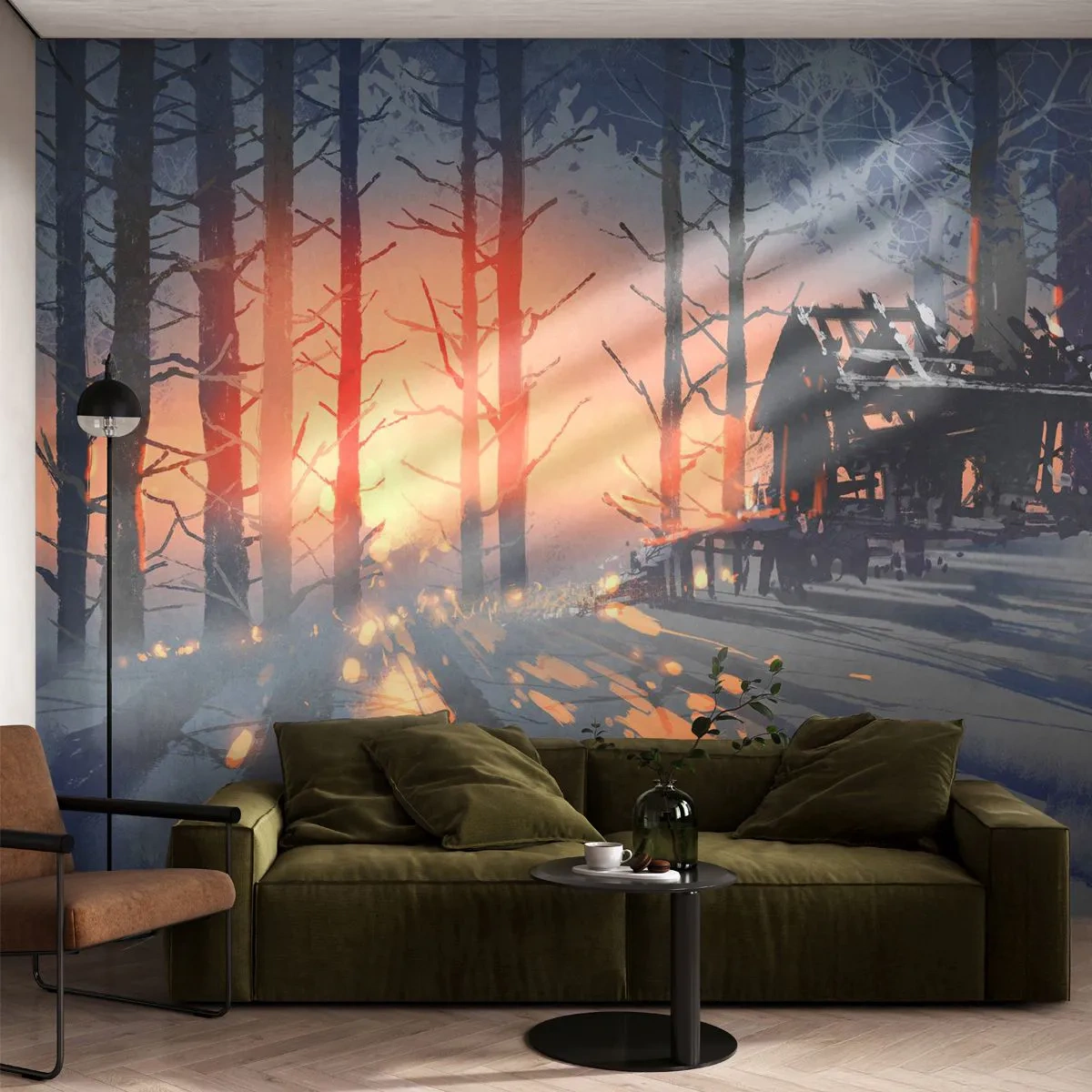 Fotomural Premium Sand - Bosque invernal con una cabaña de madera al atardecer - 100x70cm - Solo el sol es testigo - Decoración de pared moderna para salón y dormitorio ARTTOR