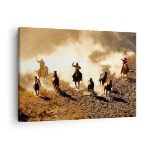 Cuadro sobre lienzo - Impresión de Imagen - Vaqueros a caballo en acción en el terreno desértico. - 70x50cm - El salvaje oeste - Decoración de pared moderna para salón y dormitorio ARTTOR