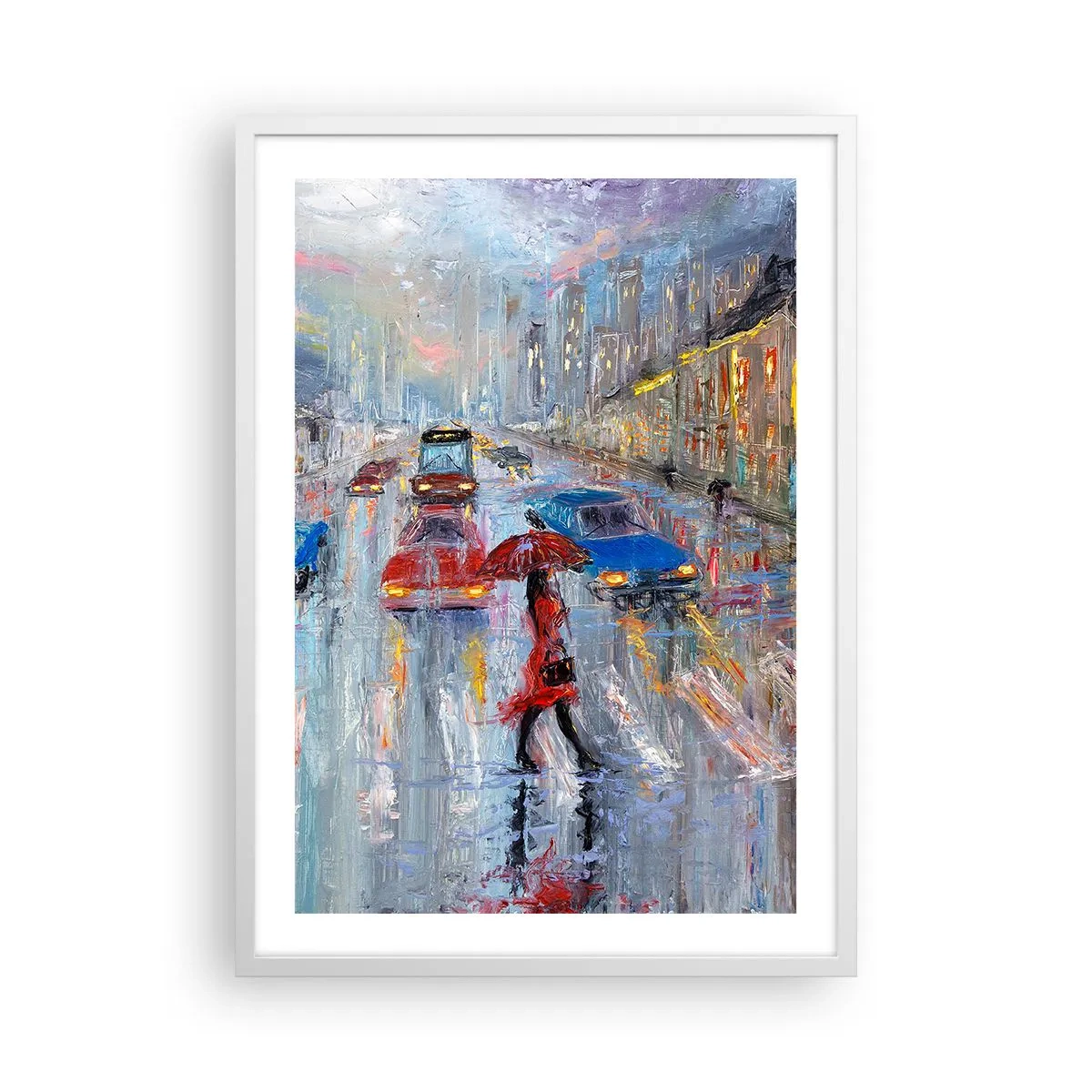 Póster en marco blanco - Una tarde de lluvia en la ciudad - 50x70 cm