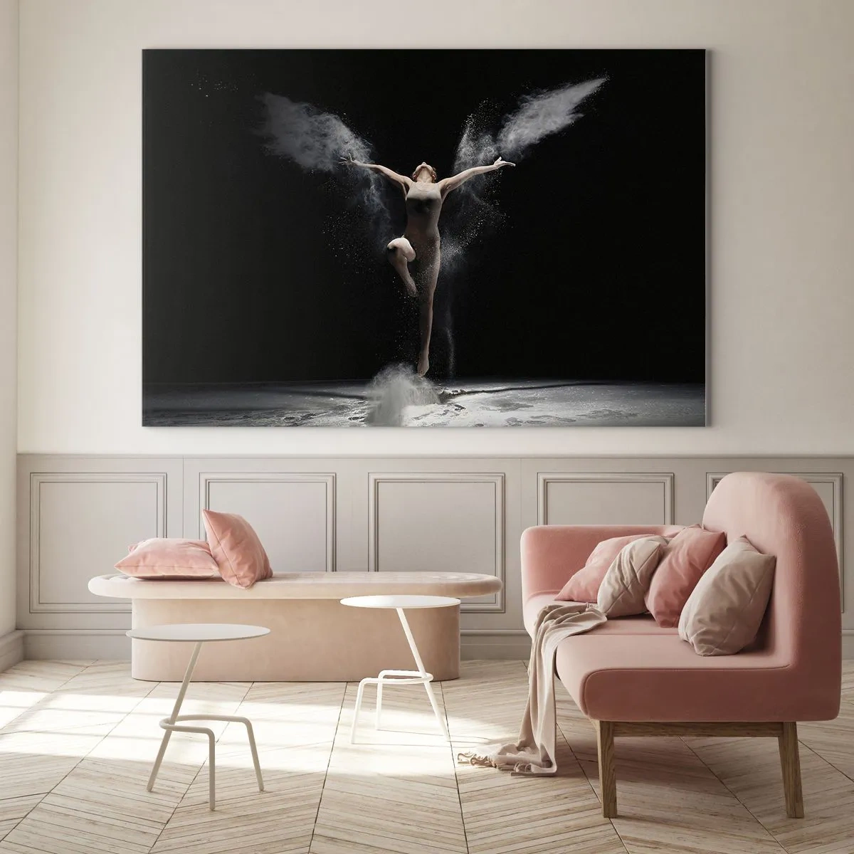 Cuadro sobre vidrio - Impresiones sobre Vidrio - Una bailarina entre nubes de polvo sobre un fondo negro. - 70x50cm - Los duendes existen - Decoración de pared moderna para salón y dormitorio ARTTOR