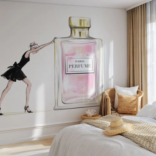Fotomural Premium Sand - Ilustración de una mujer con un vestido negro y un frasco de perfume. - 100x70cm - La esencia de la feminidad - Decoración de pared moderna para salón y dormitorio ARTTOR