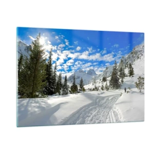 Cuadro sobre vidrio - Impresiones sobre Vidrio - Paisaje invernal de montaña con bosque y cielo azul. - 120x80cm - Nieve y sol - Decoración de pared moderna para salón y dormitorio ARTTOR