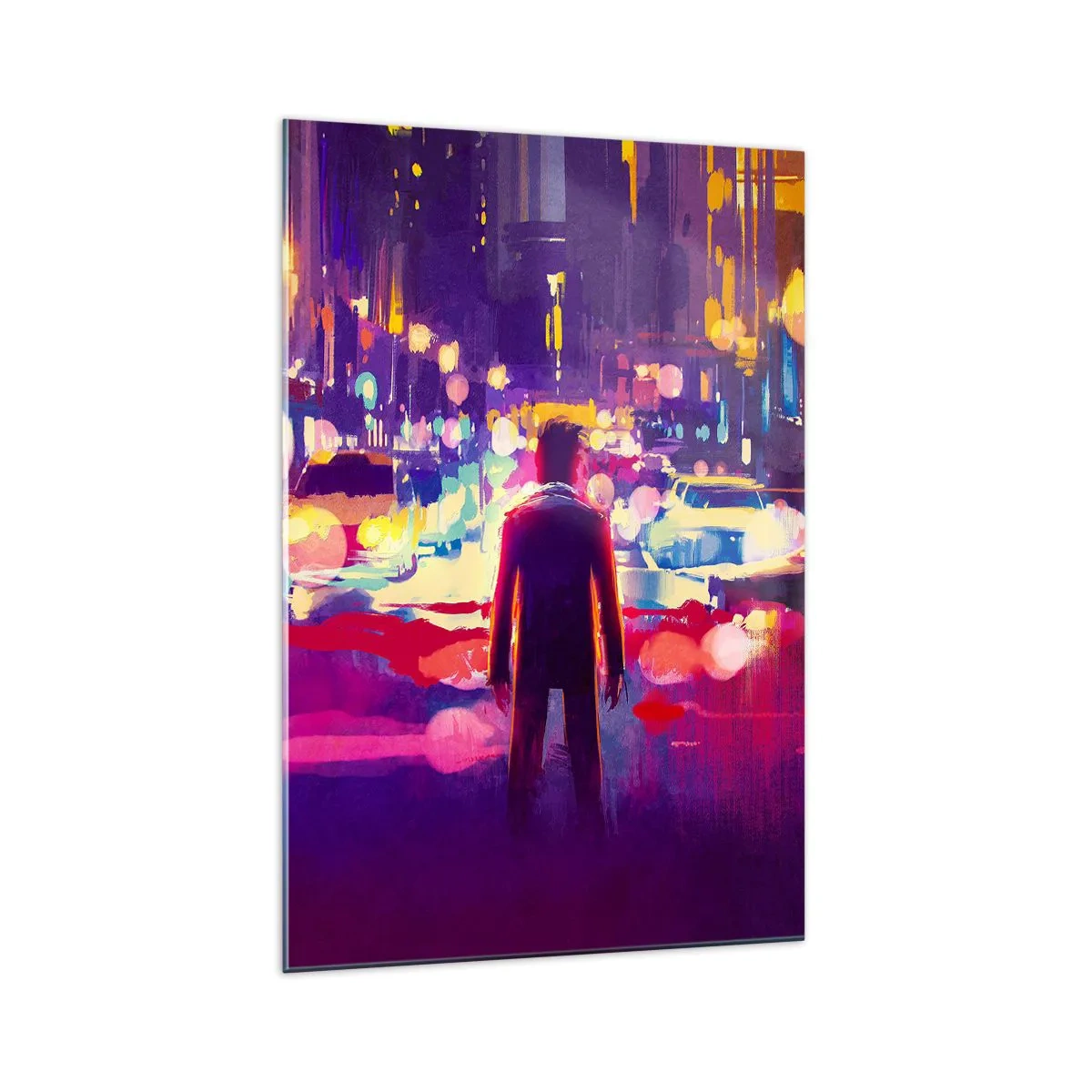 Cuadro sobre vidrio - Impresiones sobre Vidrio - Un hombre en una escena nocturna de la ciudad de neón. - 70x100cm - Inmerso en la luz - Decoración de pared moderna para salón y dormitorio ARTTOR