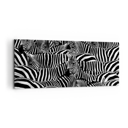 Cuadro sobre lienzo - Impresión de Imagen - Un grupo de cebras con rayas blancas y negras que crean un patrón de simetría. - 120x50cm - Retrato a rayas - Decoración de pared moderna para salón y dormitorio ARTTOR