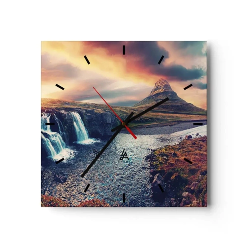 Reloj de pared - Reloj de vidrio - Vista de la cascada y la montaña a la luz del sol poniente. - 30x30cm - En la majestuosidad de la naturaleza - Decoración de pared moderna para salón y dormitorio ARTTOR